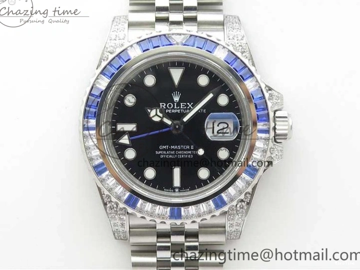 MiroTime 0401 GMT-Master II White Blue Diamonds Bezel 904L Steel GMF Best Edition Black Dial On Jubilee Bracelet SA3285 CHS V Original 2579